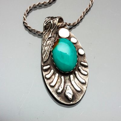 Silver Leaf and Turquoise Pendant Necklace
