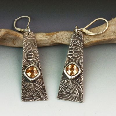 Silver Earrings Obelisk Inspired with Champagne CZ's      