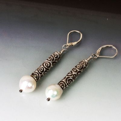 Silver Tube Bead with Pearls Earrings